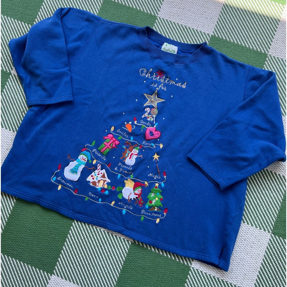 The Quacker Factory Christmas sweatshirt w/ blue base & tree shaped design